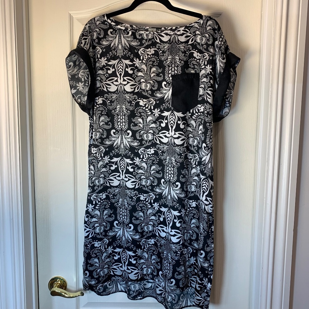 Tristan Black & White Printed Tunic Blouse – Lightweight Short Sleeve Top Size L